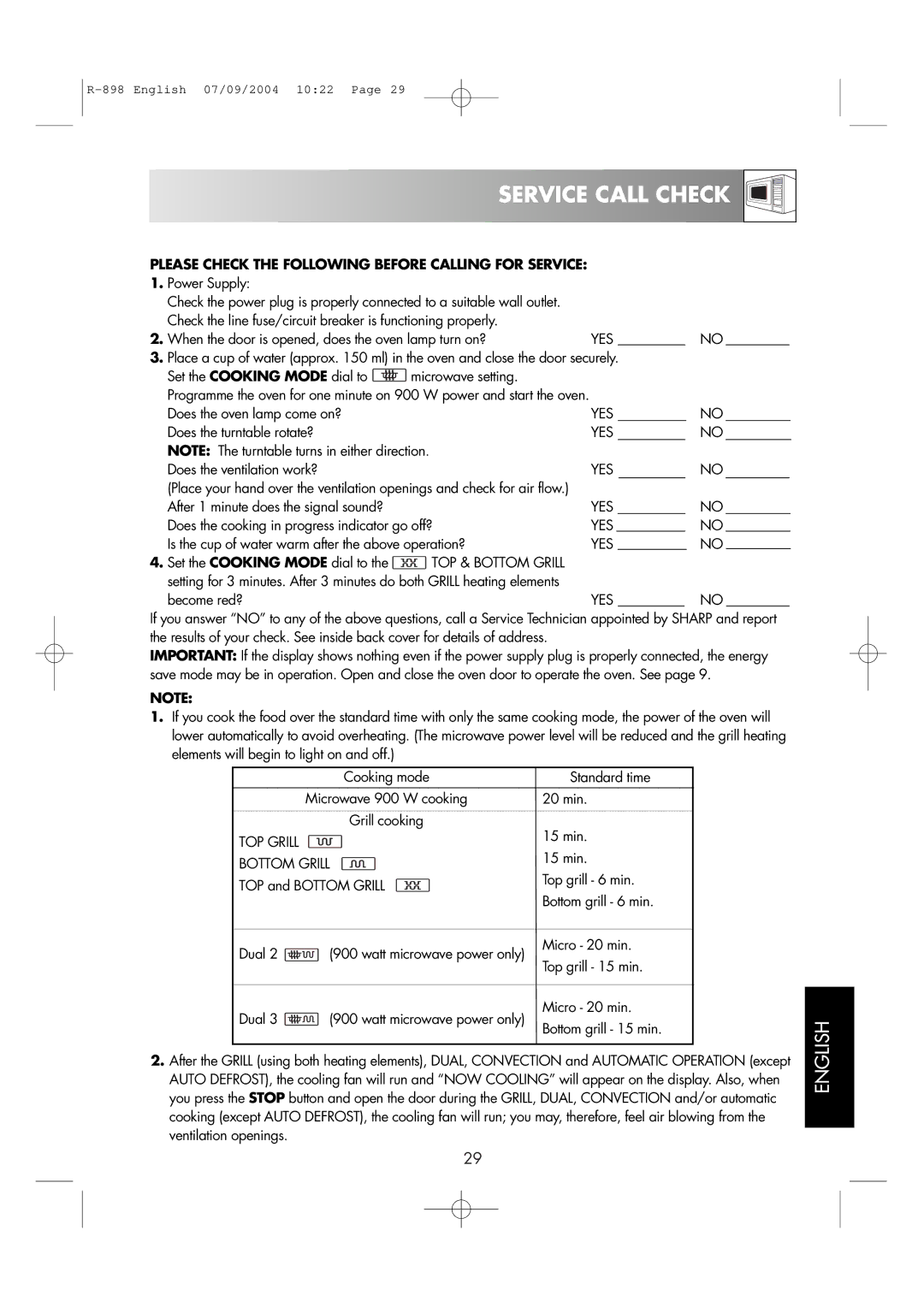 Sharp R-898 operation manual Service Call Check, Please Check the Following Before Calling for Service 