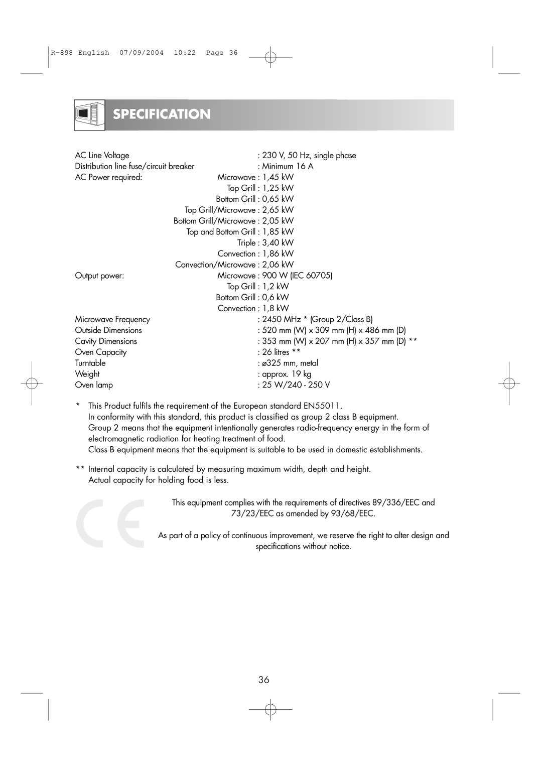 Sharp R-898 operation manual Specification 