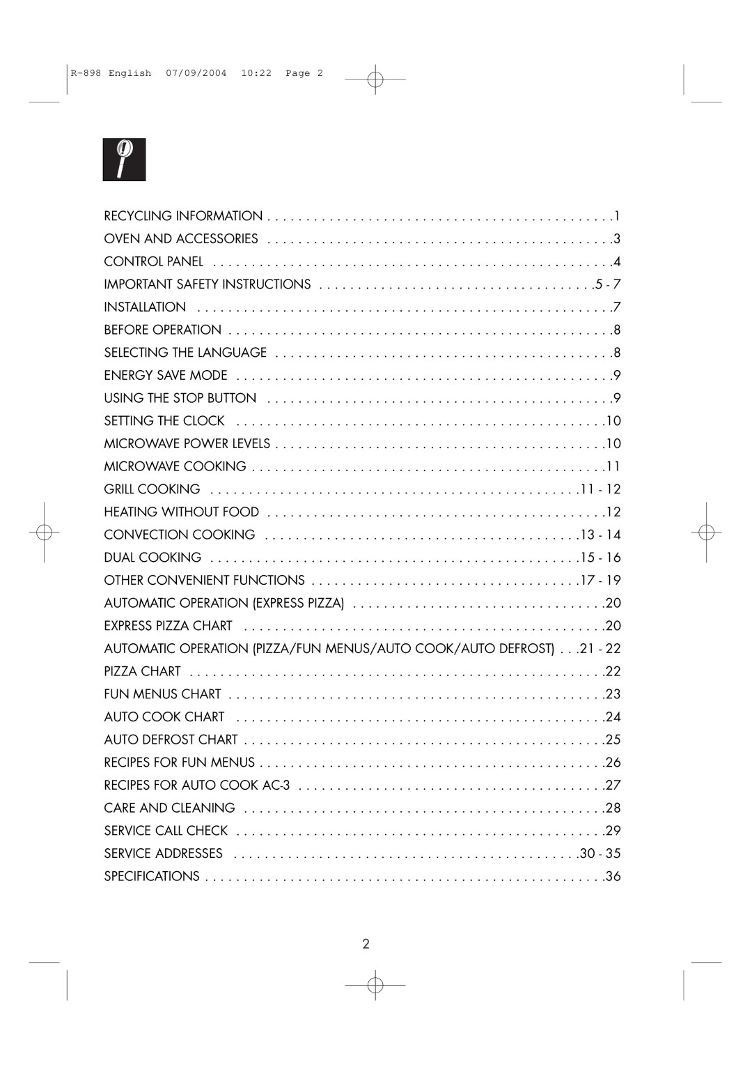 Sharp R-898 operation manual Contents 