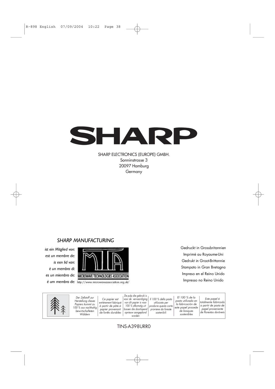 Sharp R-898 operation manual Sharp Manufacturing 