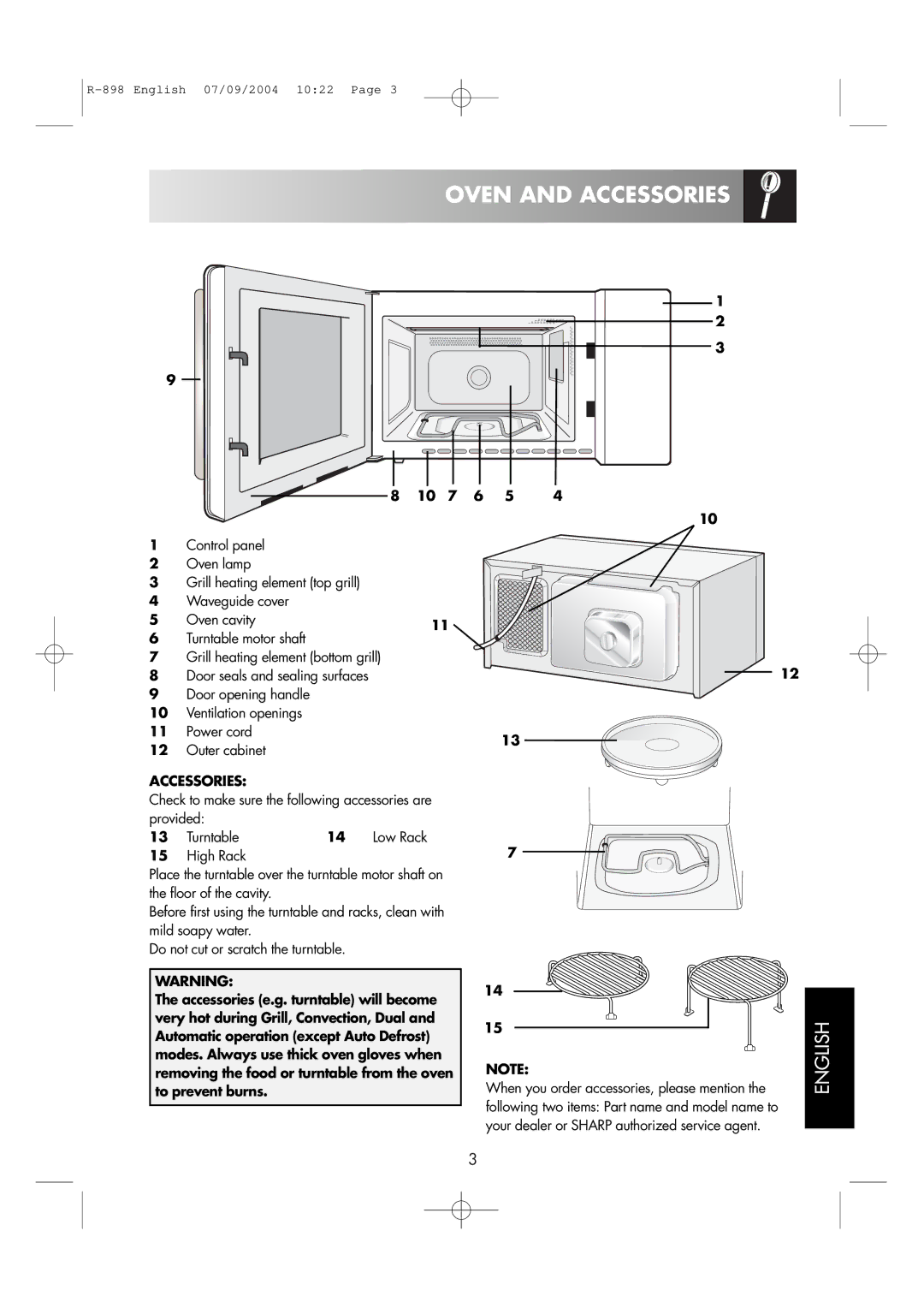 Sharp R-898 operation manual Oven and Accessories 