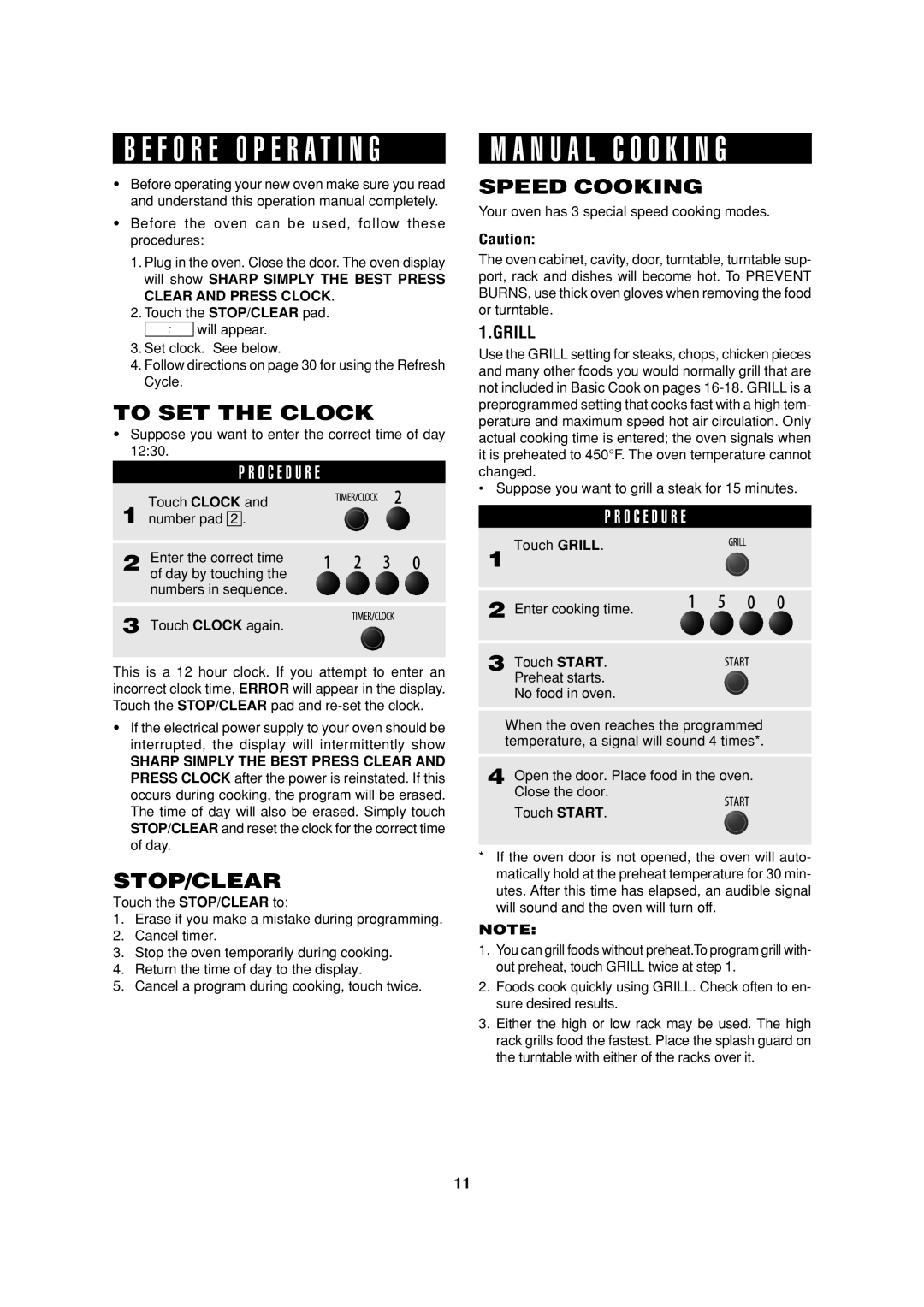 Sharp R-90GC operation manual To SET the Clock, Stop/Clear, Speed Cooking, Grill 