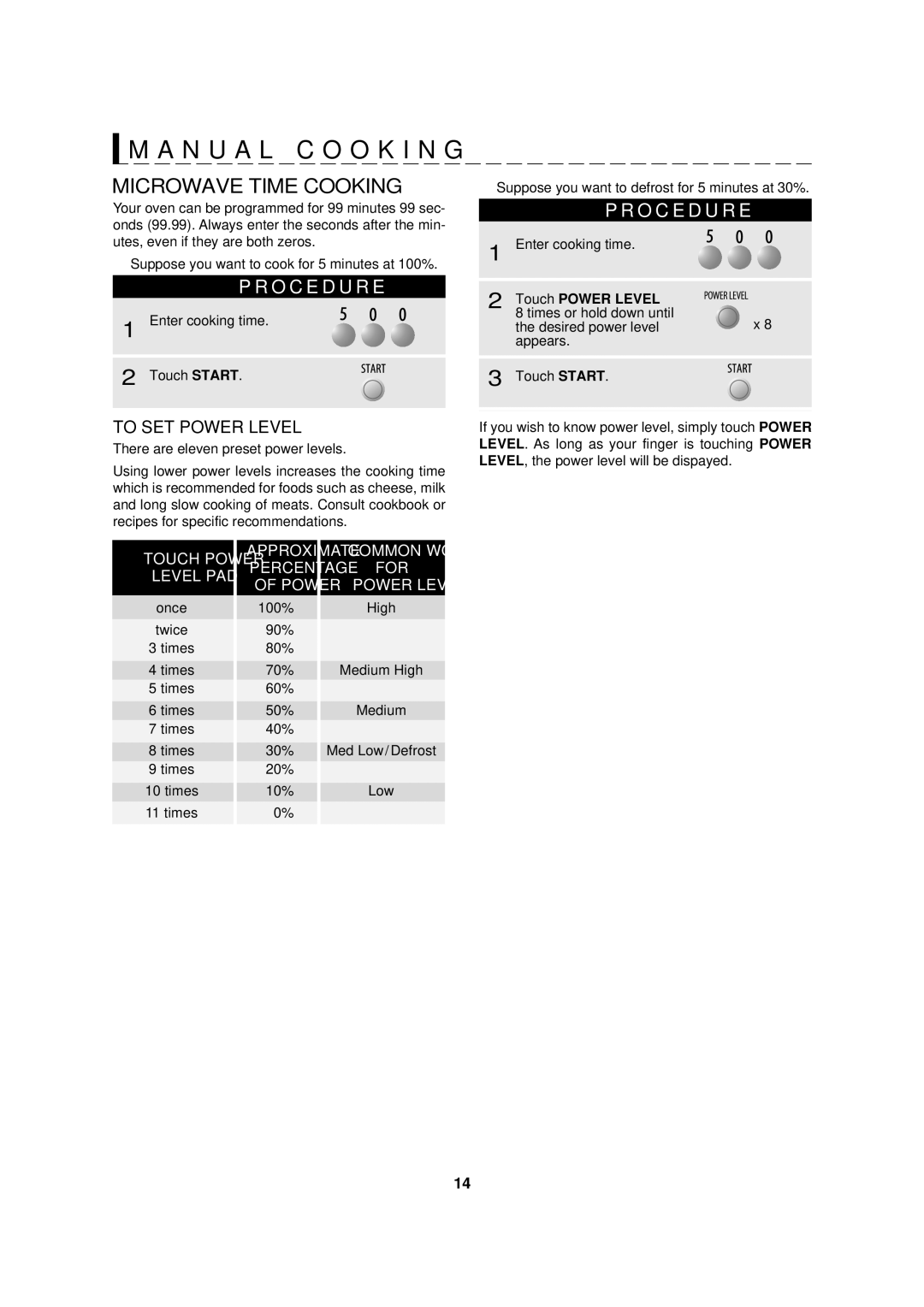 Sharp R-90GC operation manual Microwave Time Cooking, To SET Power Level, Touch Power Level 