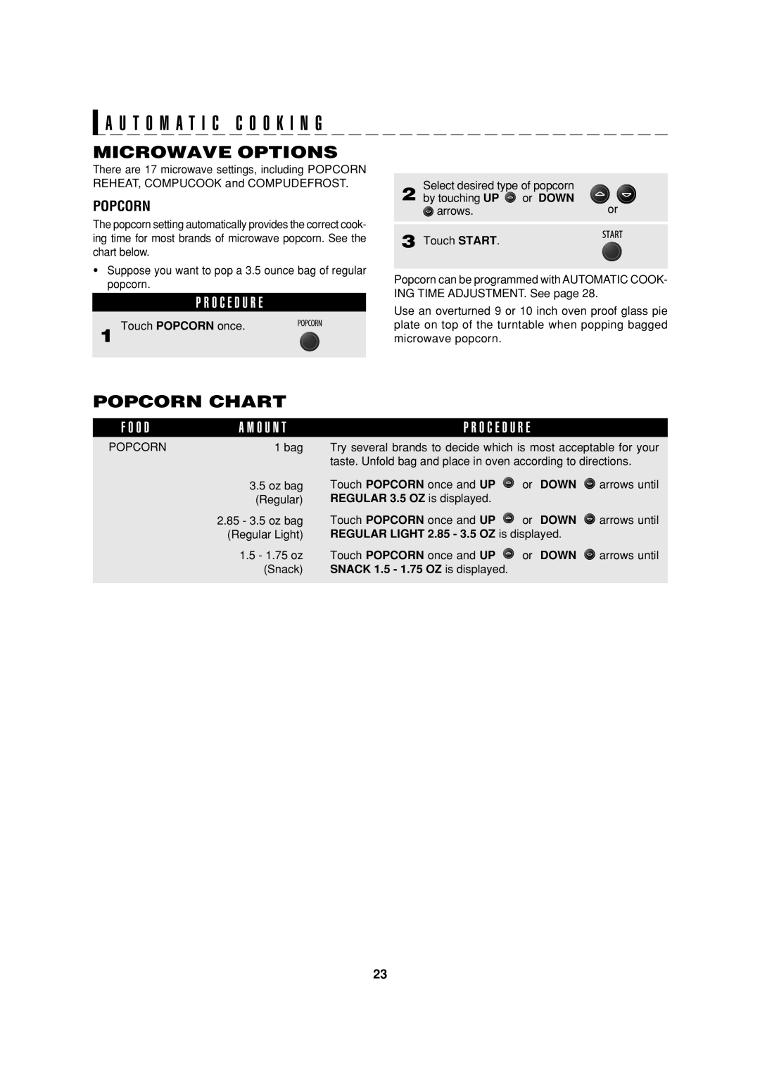 Sharp R-90GC operation manual Microwave Options, Popcorn Chart, Or Down 