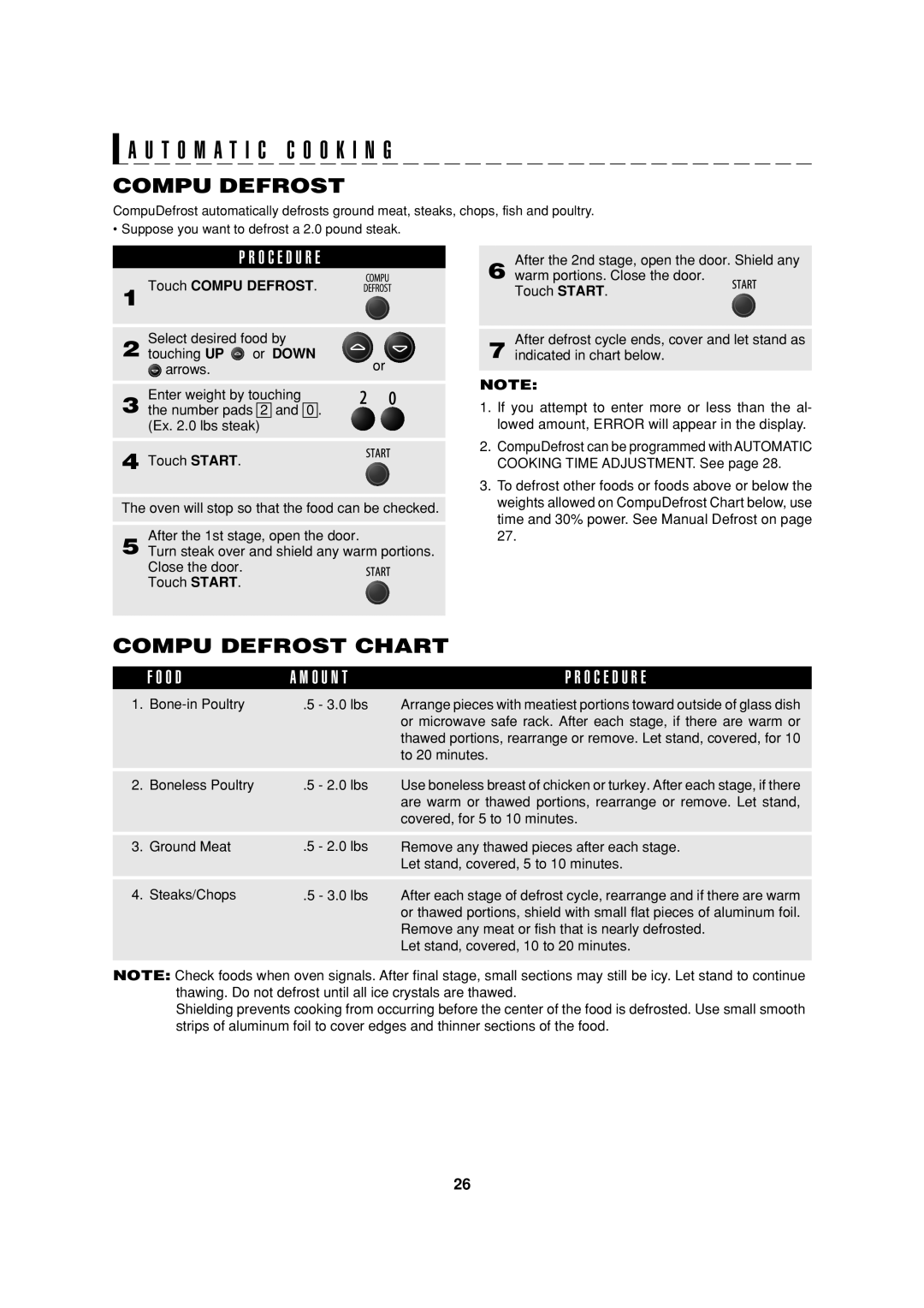 Sharp R-90GC operation manual Compu Defrost Chart, Touch Compu Defrost 