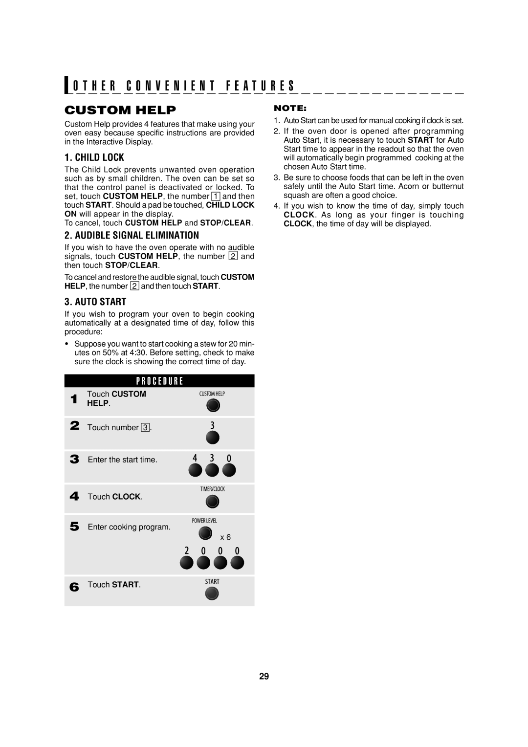 Sharp R-90GC operation manual Custom Help, Child Lock, Audible Signal Elimination, Auto Start 