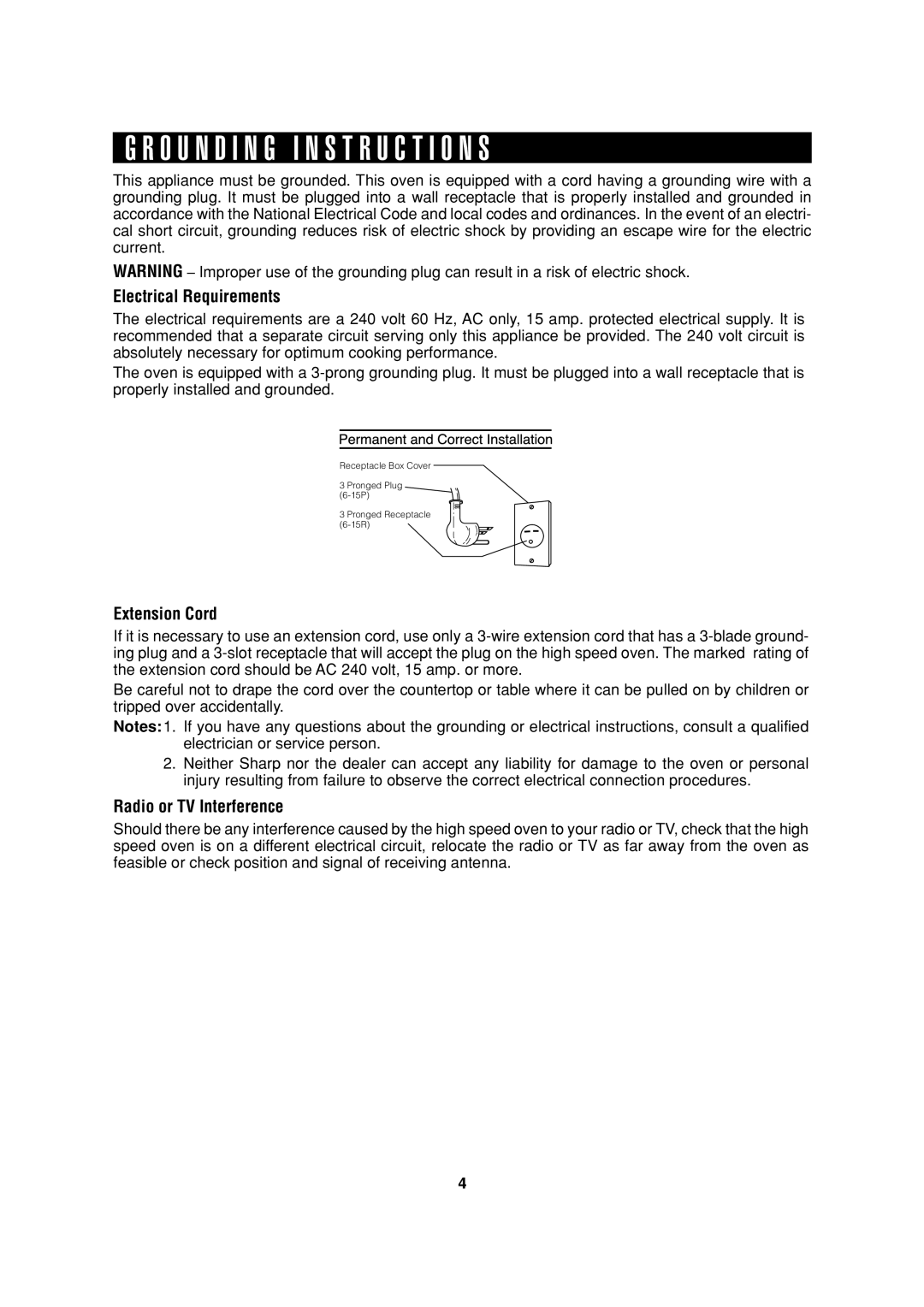 Sharp R-90GC operation manual O U N D I N G I N S T R U C T I O N S, Electrical Requirements 