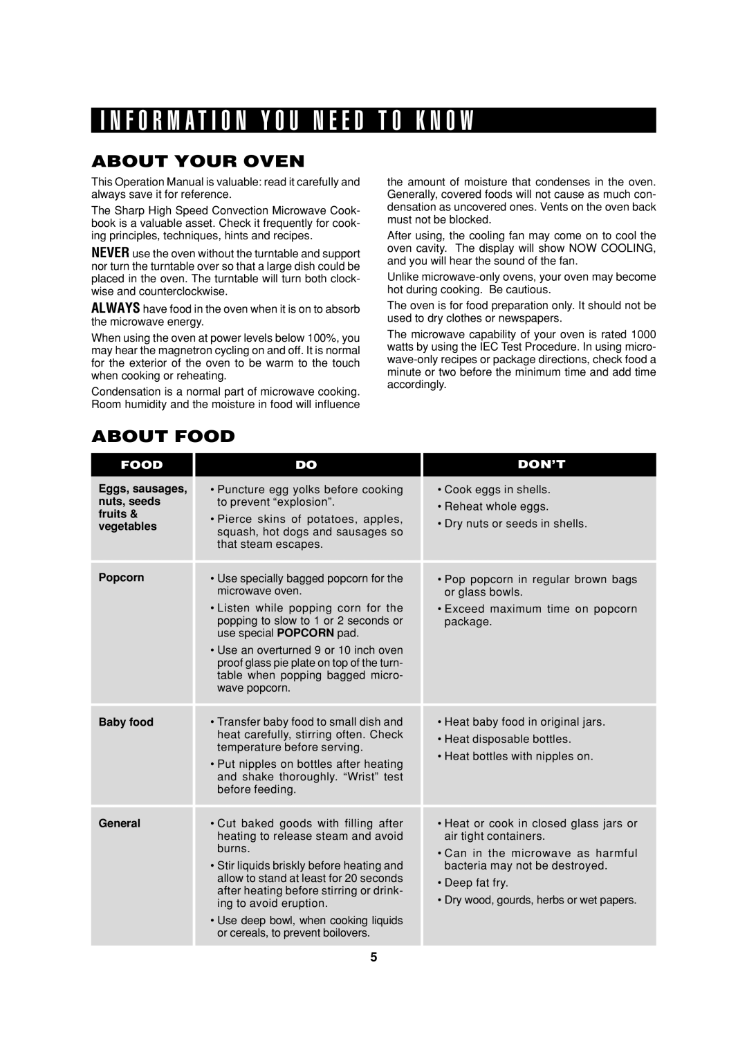 Sharp R-90GC operation manual About Your Oven, About Food 