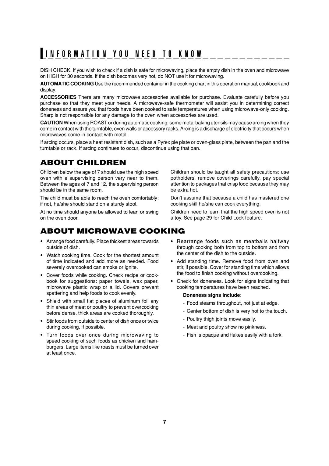 Sharp R-90GC operation manual About Children, About Microwave Cooking, Doneness signs include 