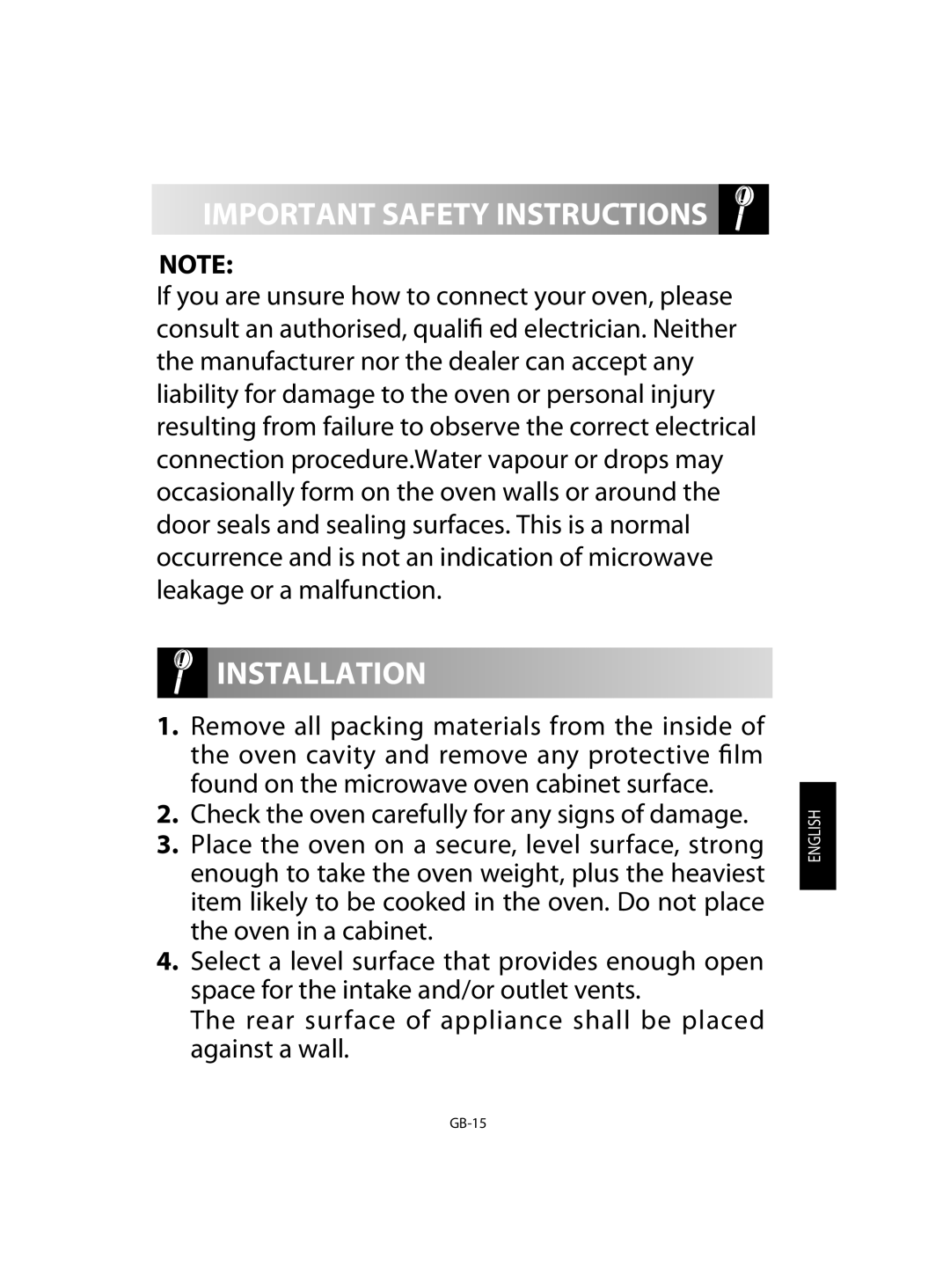 Sharp R-92STM operation manual Installation, GB-15 