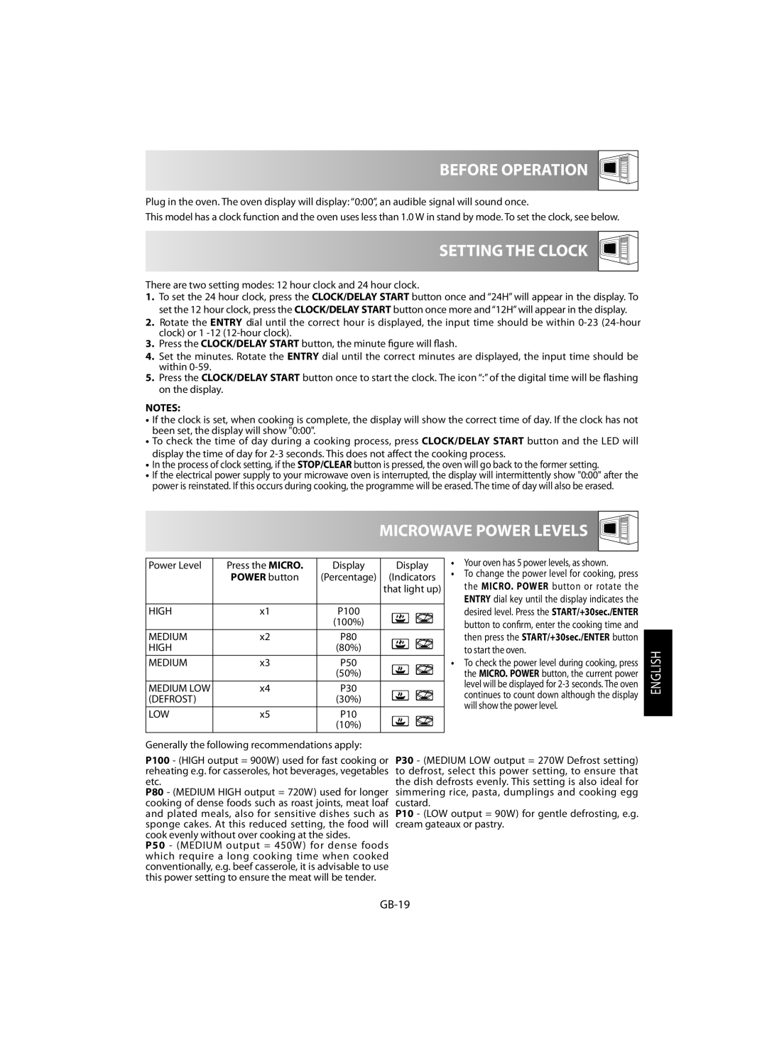 Sharp R-92STM operation manual Before Operation, Setting the Clock, Microwave Power Levels, GB-19 