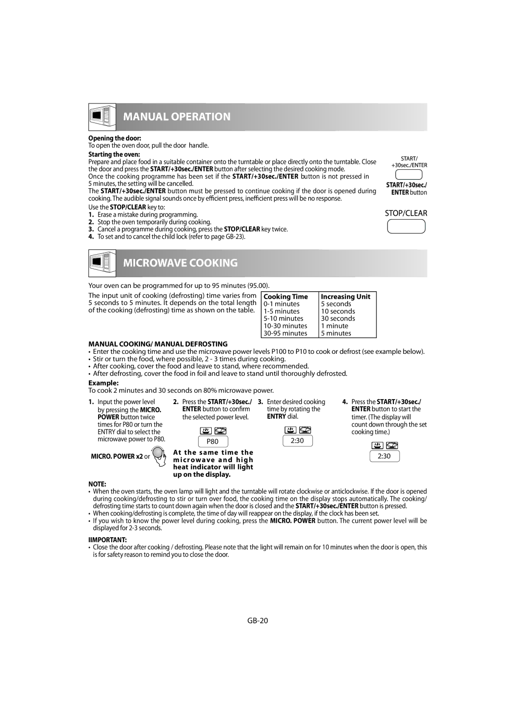 Sharp R-92STM operation manual GB-20, Manual COOKING/ Manual Defrosting, Iimportant 