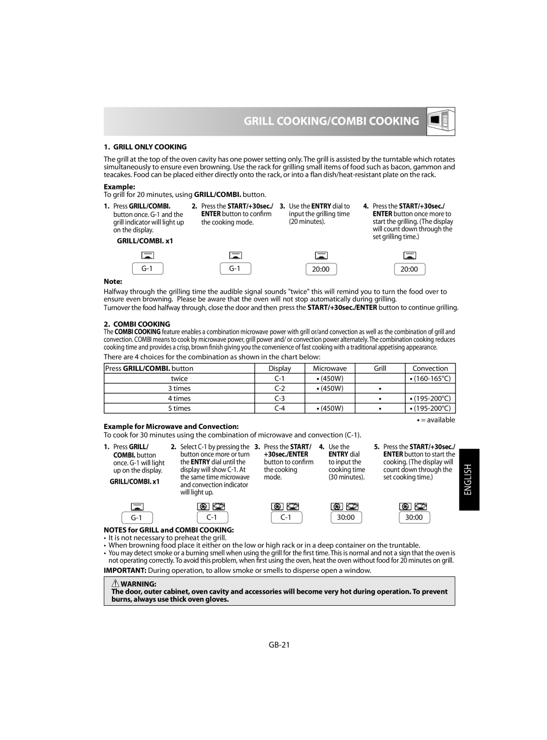 Sharp R-92STM operation manual Grill COOKING/COMBI Cooking, GB-21, Grill only Cooking, Combi Cooking 