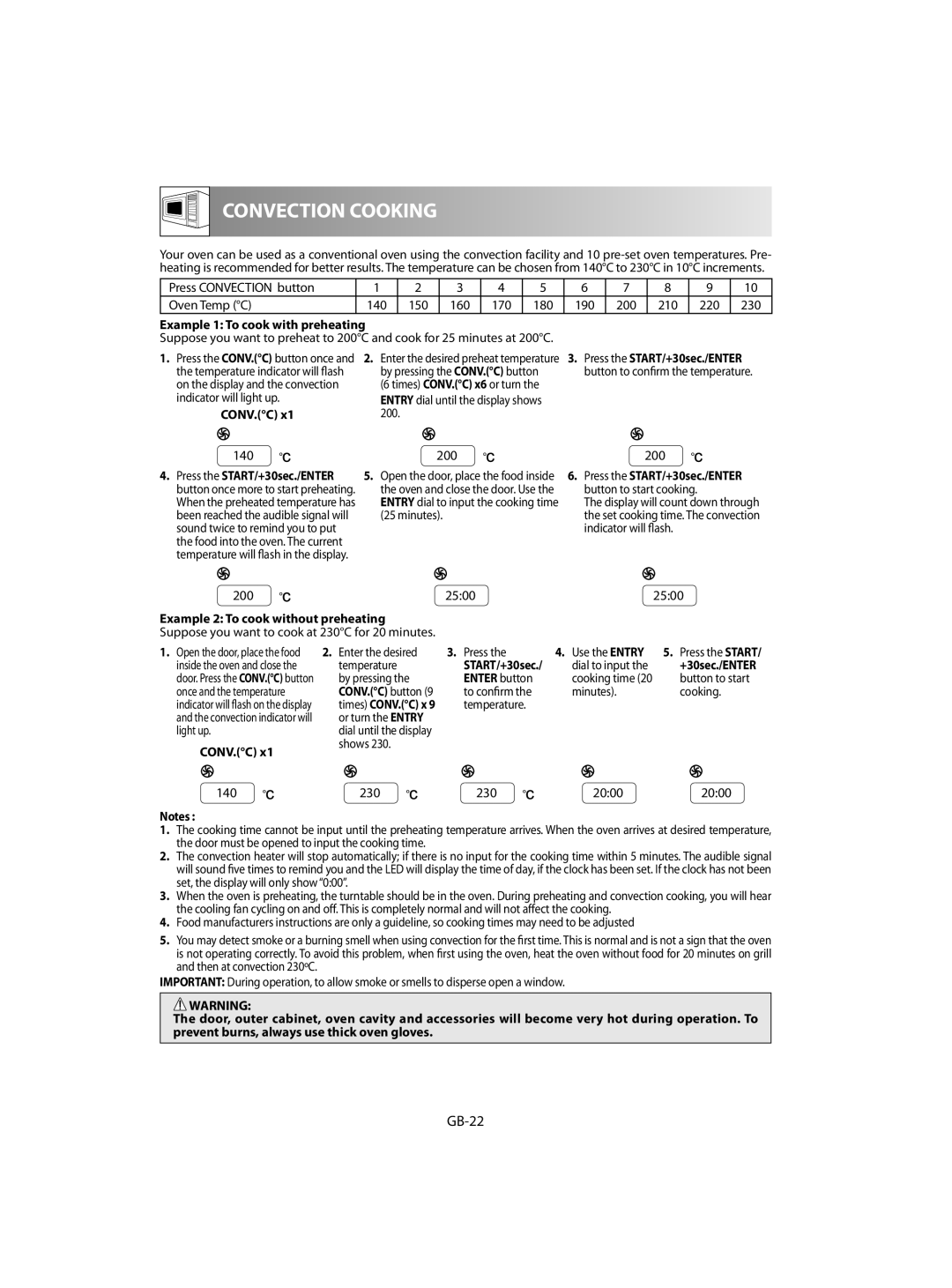 Sharp R-92STM GB-22, Example 1 To cook with preheating, Conv.C, Example 2 To cook without preheating, Enter button 