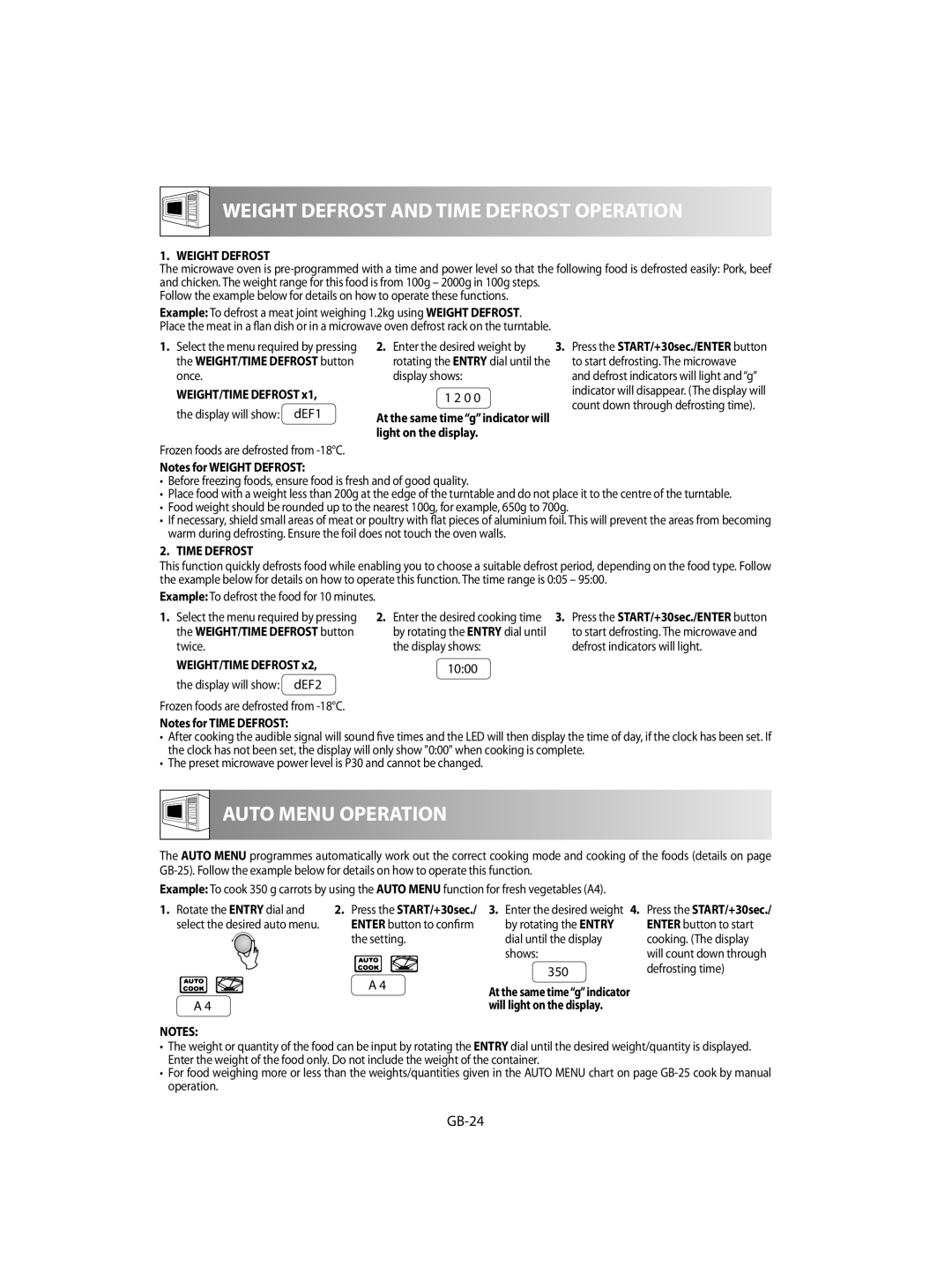 Sharp R-92STM operation manual GB-24, Weight Defrost, Time Defrost 