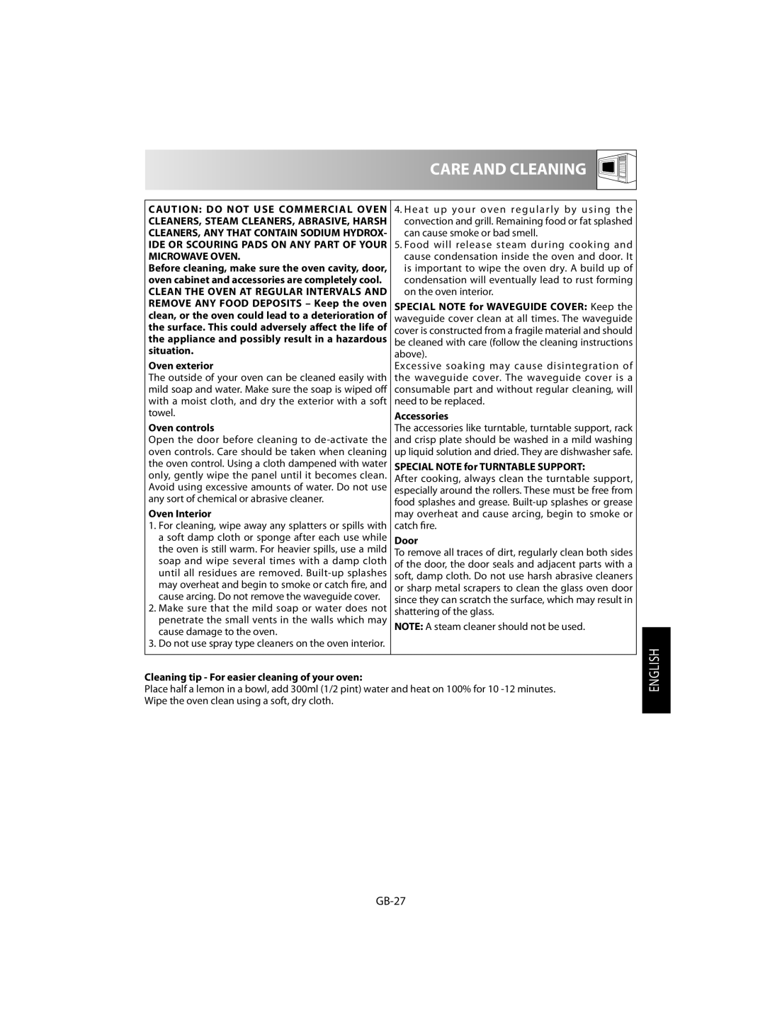 Sharp R-92STM operation manual Care and Cleaning, GB-27 