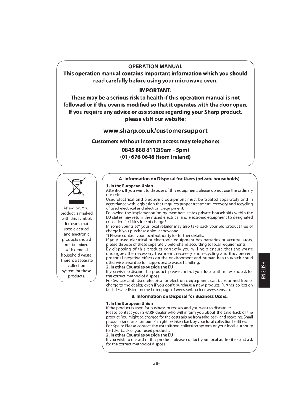 Sharp R-92STM operation manual GB-1, European Union, Other Countries outside the EU 