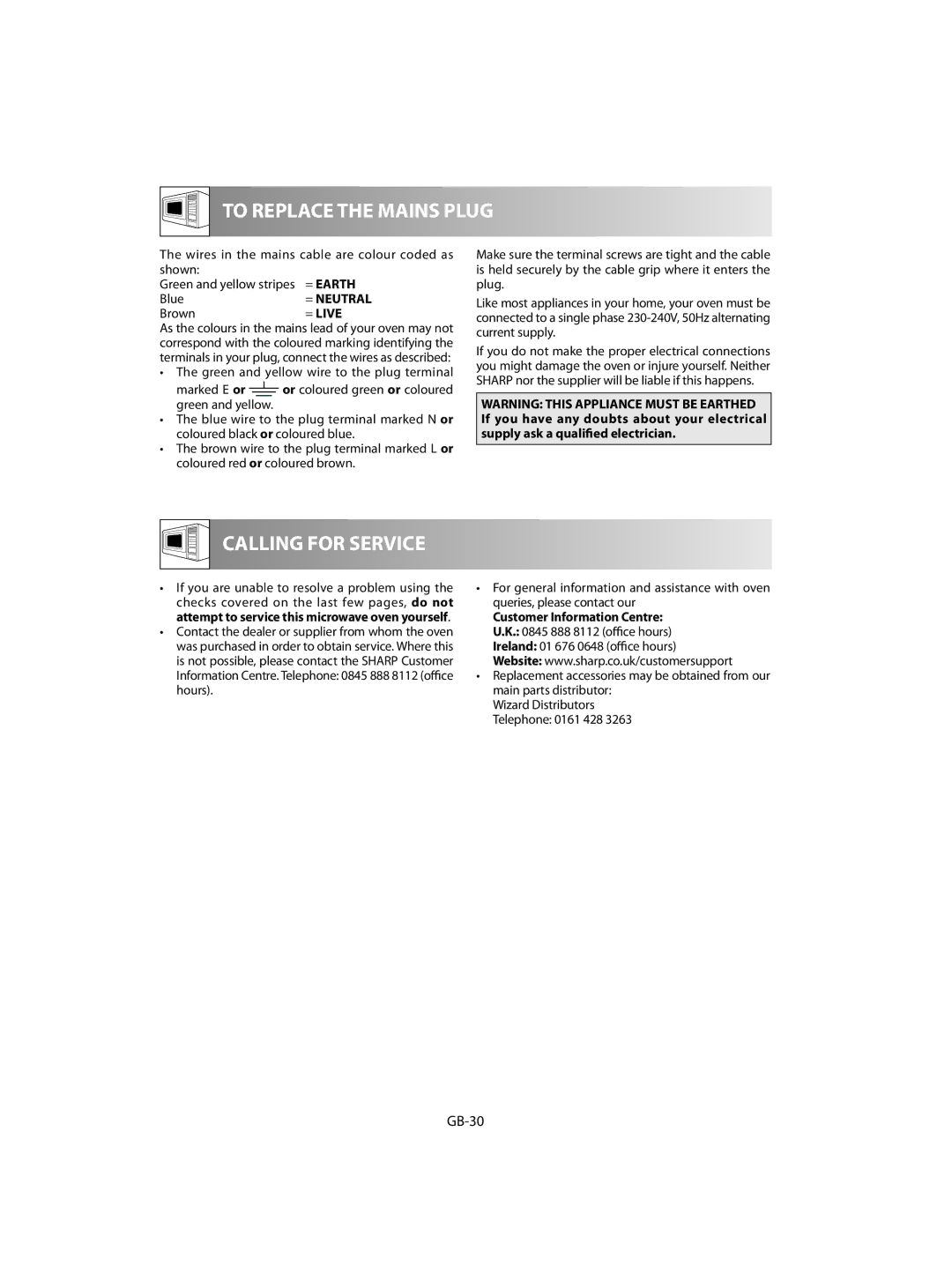 Sharp R-92STM operation manual GB-30, = Earth, = Live 