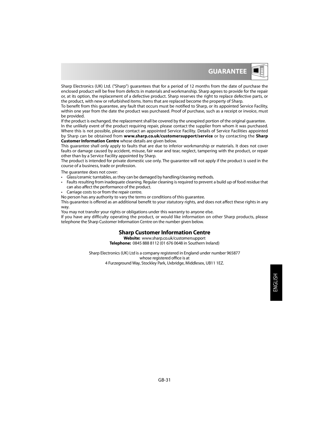 Sharp R-92STM operation manual Guarantee, GB-31 