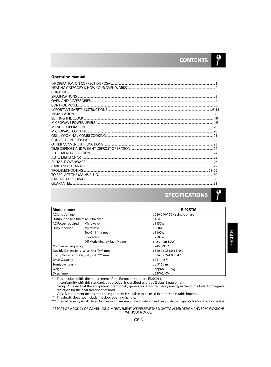 Sharp R-92STM operation manual Contents, Specifications 