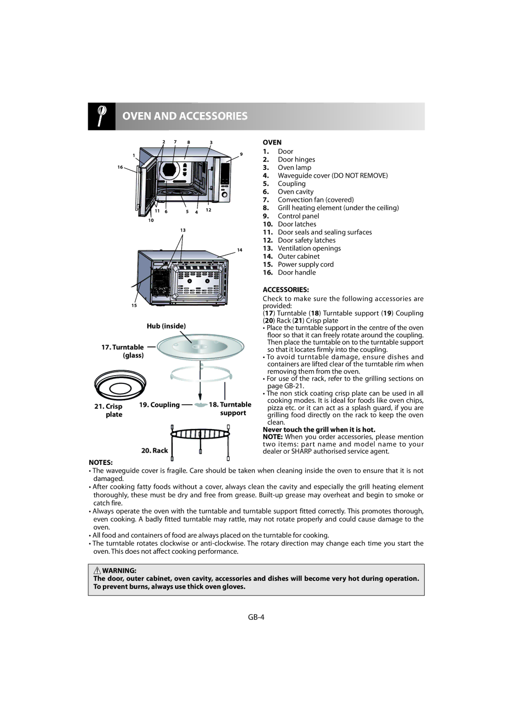 Sharp R-92STM operation manual GB-4, Oven, Accessories 