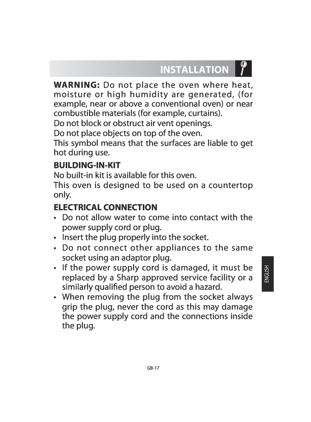 Sharp R-92STM operation manual Building-In-Kit, Electrical Connection, Installation 