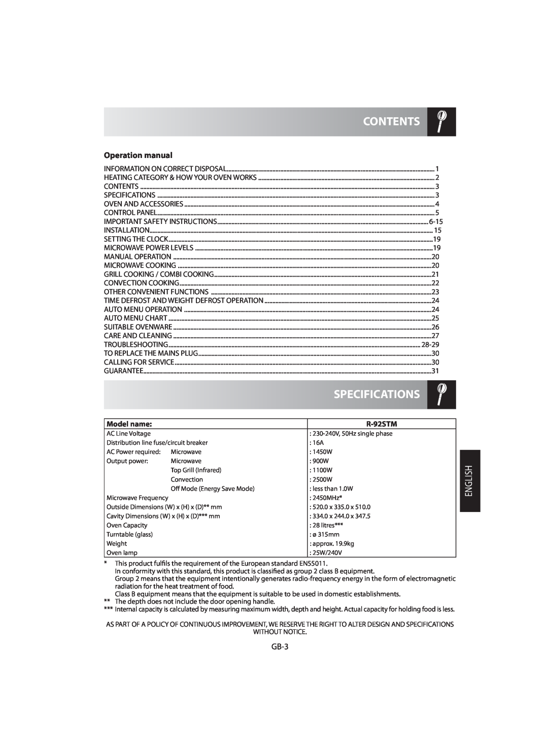 Sharp R-92STM operation manual Contents, Specifications, GB-3, Model name 
