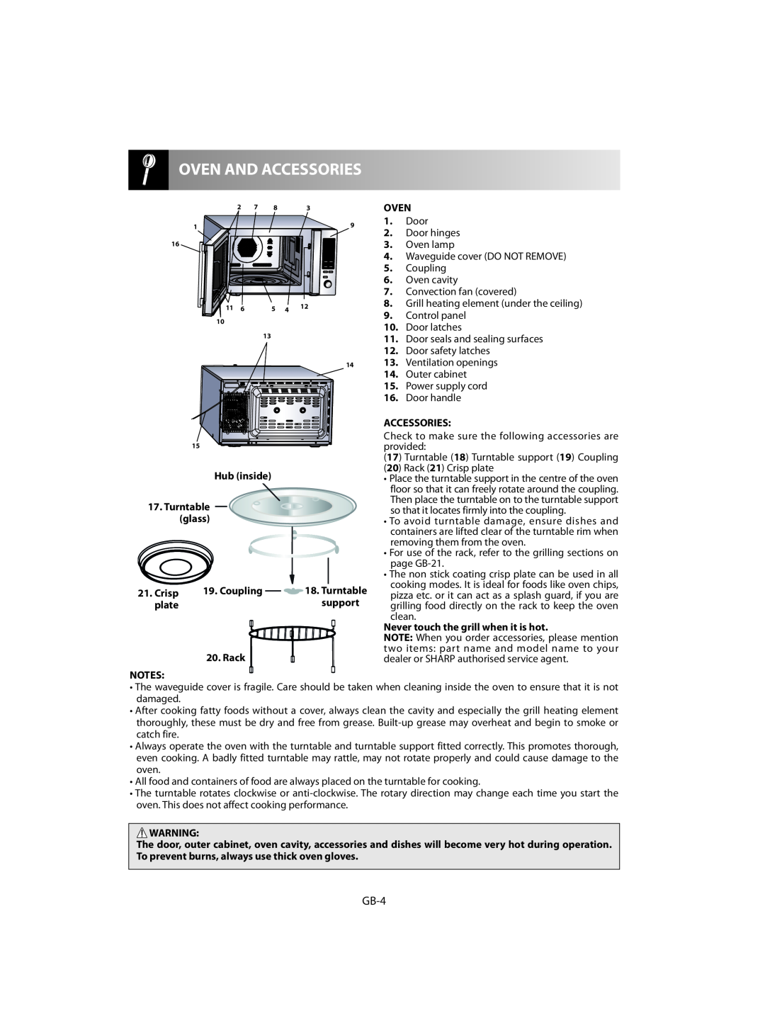Sharp R-92STM operation manual GB-4, Hub inside 17. Turntable glass, plate, support, Rack, Oven, Accessories 