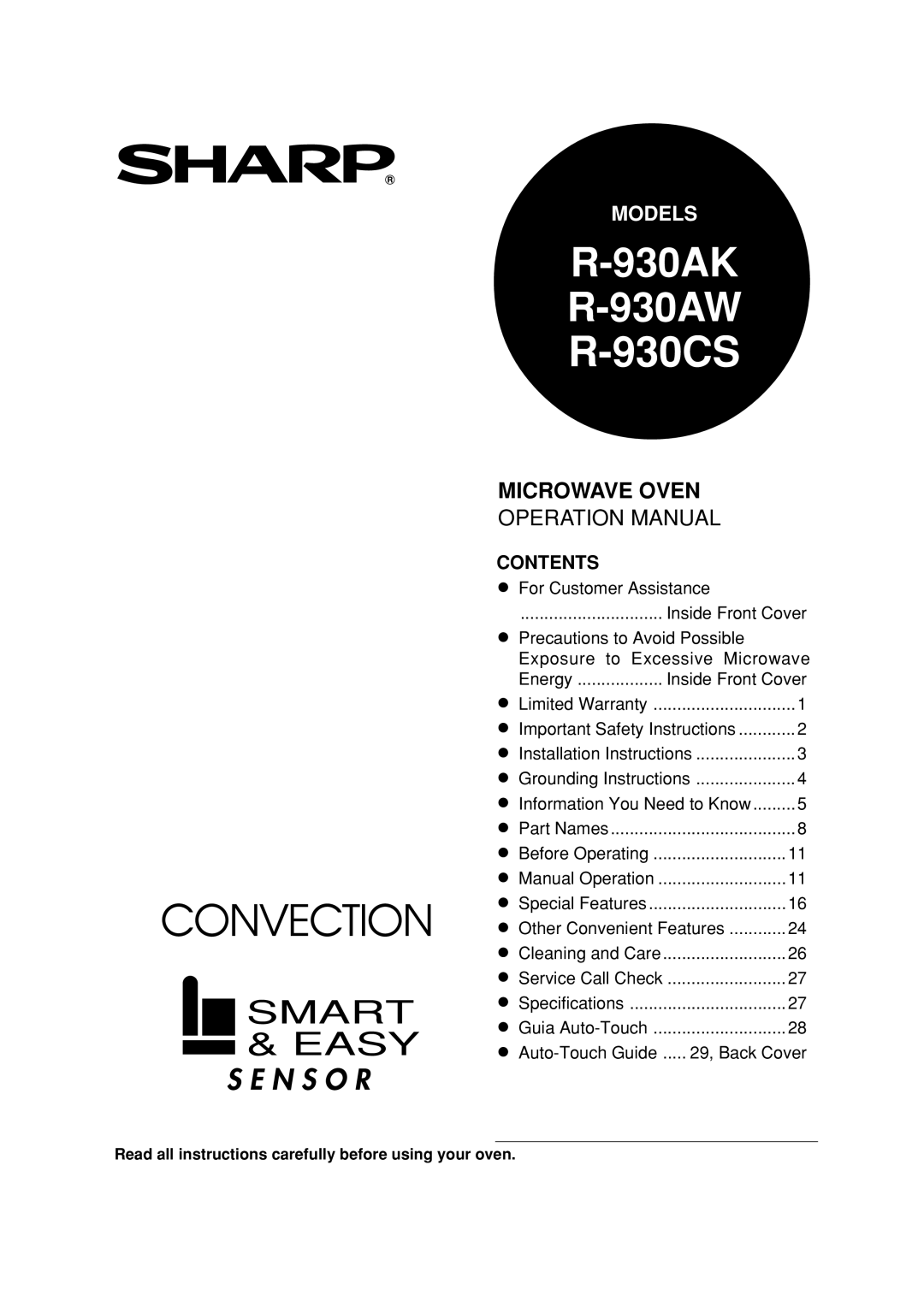 Sharp R-930AW, R-930AK, R-930CS operation manual Microwave Oven 