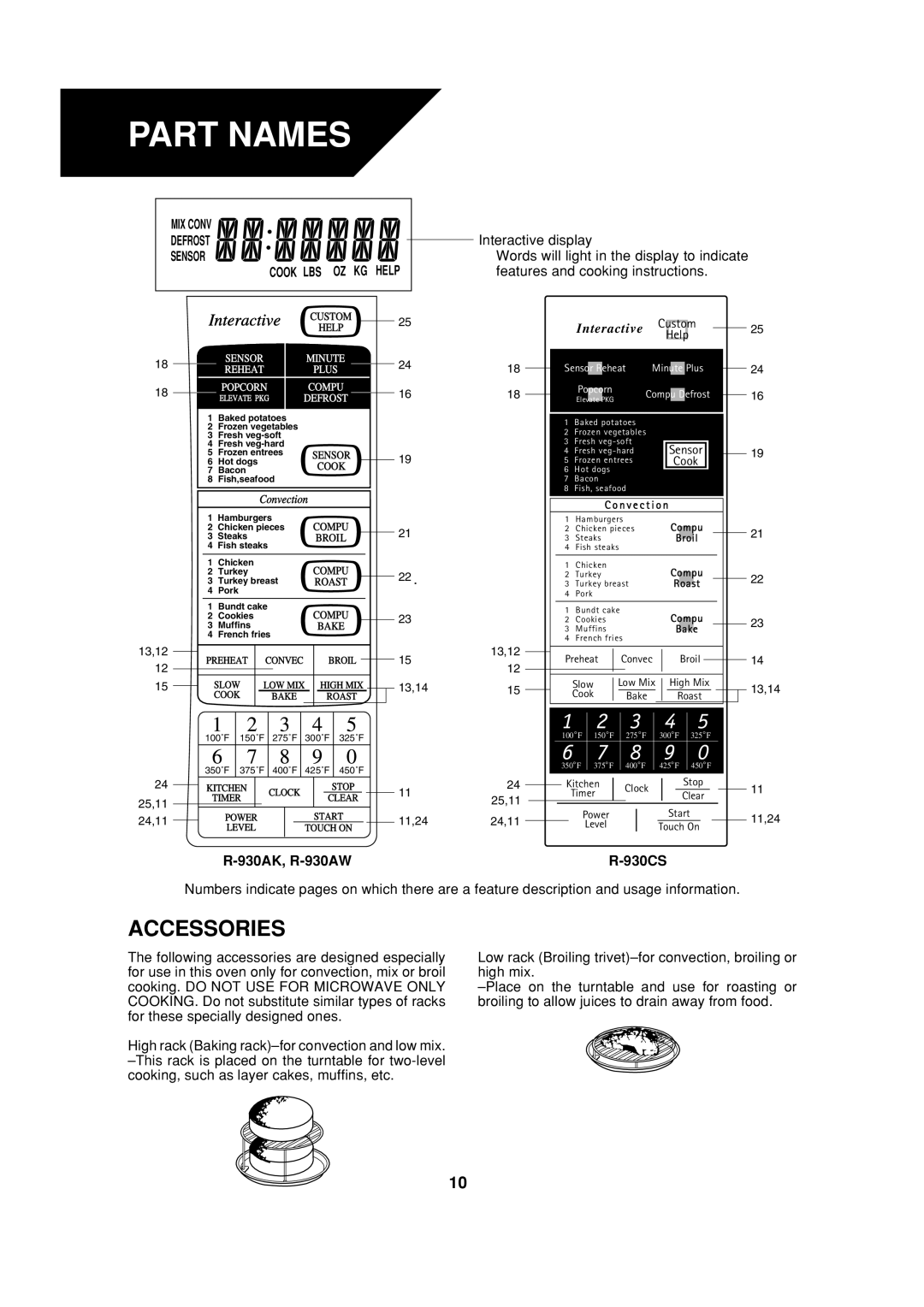 Sharp R-930AK, R-930CS operation manual Accessories, 930AK, R-930AW 930CS 