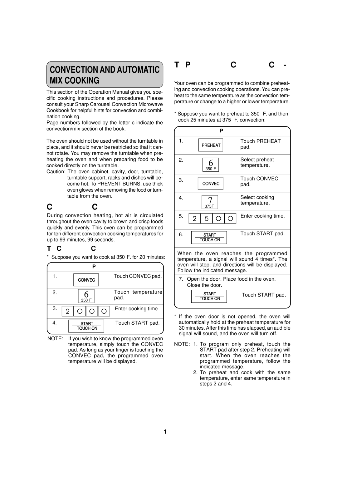 Sharp R-930CS, R-930AK Convection Cooking, To Preheat and Cook with Con- vection, To Cook with Convection, Touch Start pad 