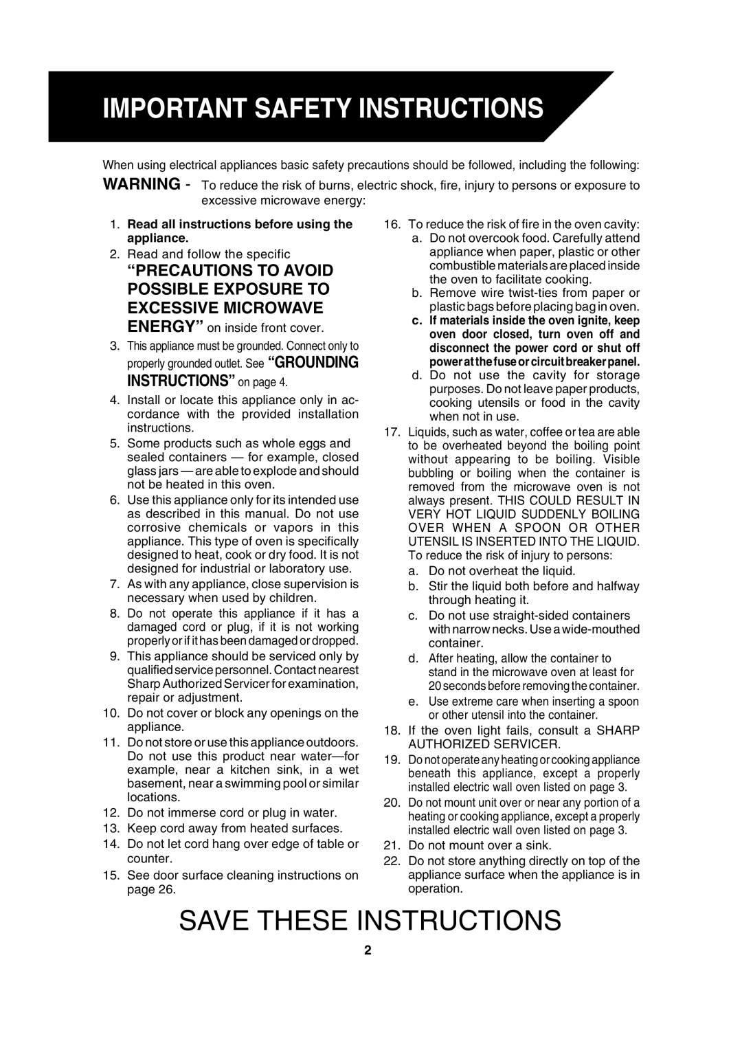 Sharp R-930AW, R-930AK, R-930CS operation manual Important Safety Instructions, Instructions on 