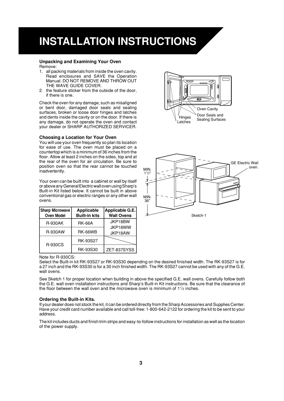 Sharp R-930CS, R-930AK, R-930AW operation manual Installation Instructions, Applicable Applicable G.E, Built-in kits 