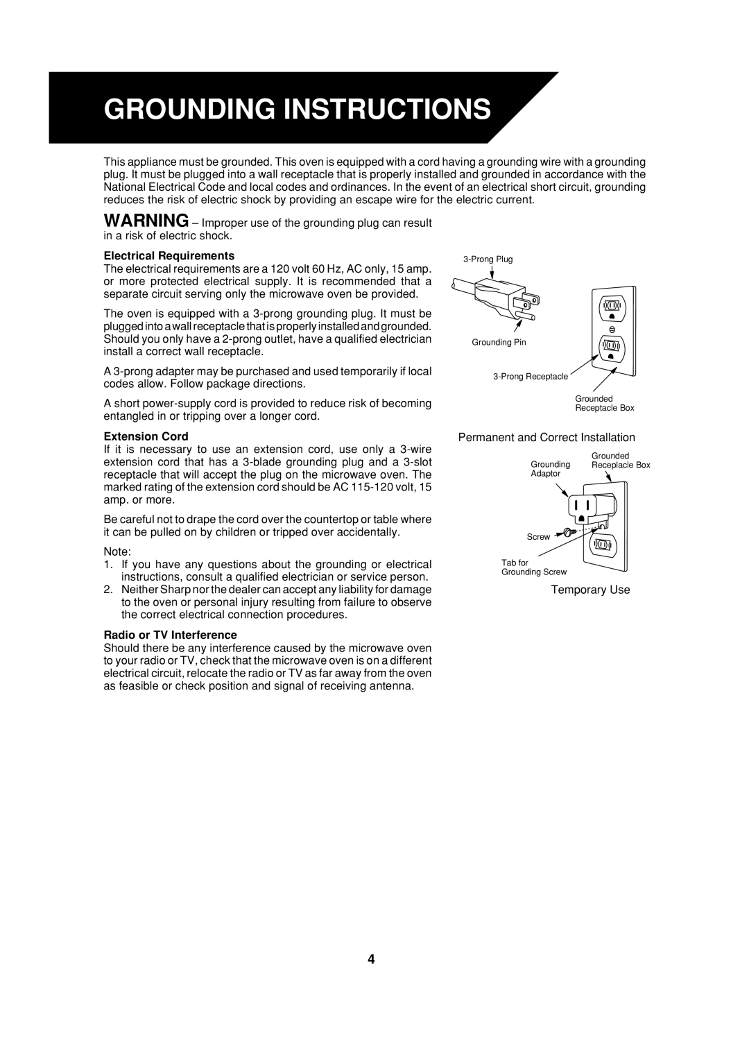 Sharp R-930AK, R-930AW, R-930CS Grounding Instructions, Electrical Requirements, Extension Cord, Radio or TV Interference 