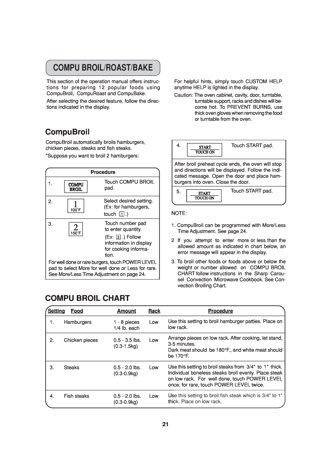 Sharp R-930CS Compu Broil/Roast/Bake, CompuBroil, Compu Broil Chart, Procedure, Touch START pad, Setting Food, Amount 