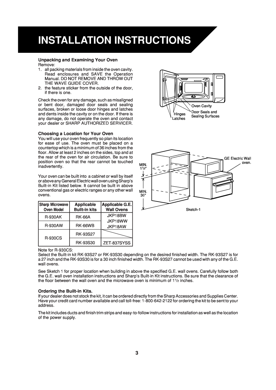 Sharp R-930CS Installation Instructions, Unpacking and Examining Your Oven, Choosing a Location for Your Oven, Applicable 