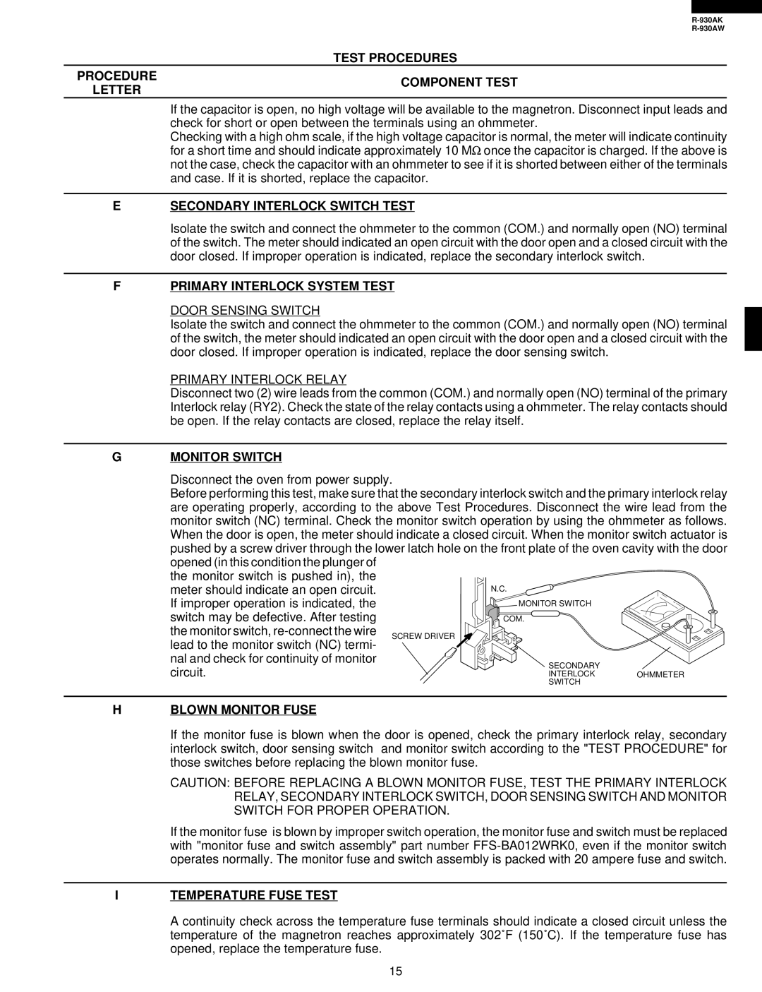 Sharp R-930AW Procedure Component Test Letter, Secondary Interlock Switch Test, Primary Interlock System Test 