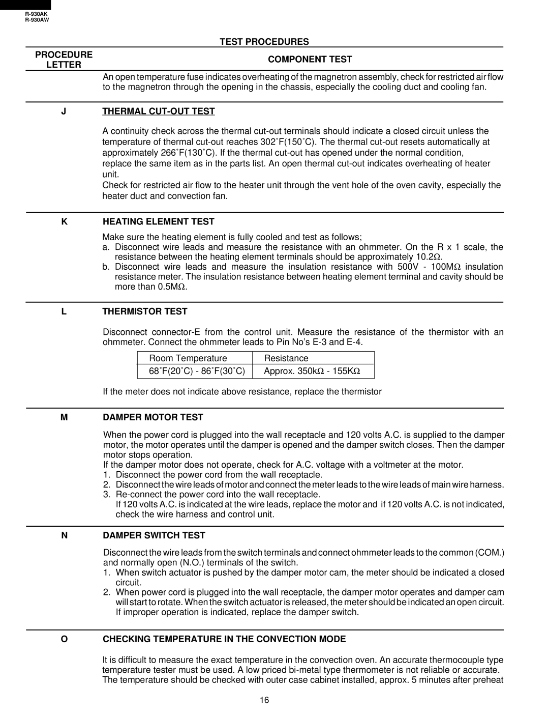 Sharp R-930AW Test Procedures Component Test Letter, Thermal CUT-OUT Test, Heating Element Test, Thermistor Test 