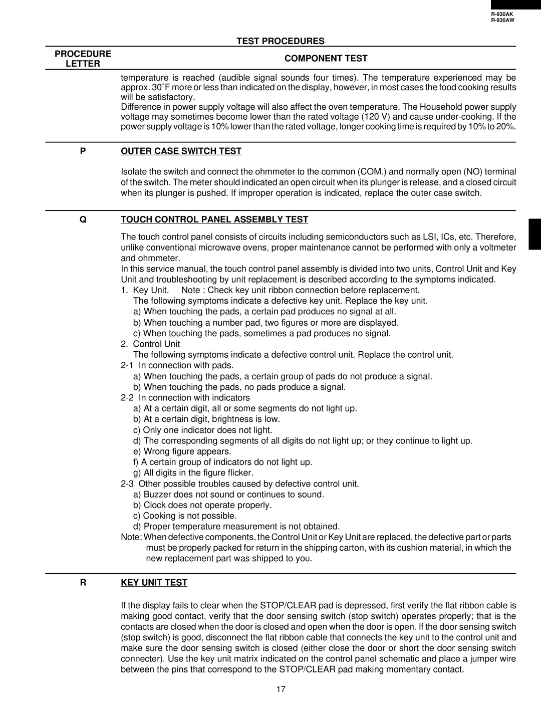 Sharp R-930AW service manual Outer Case Switch Test, Touch Control Panel Assembly Test, KEY Unit Test 