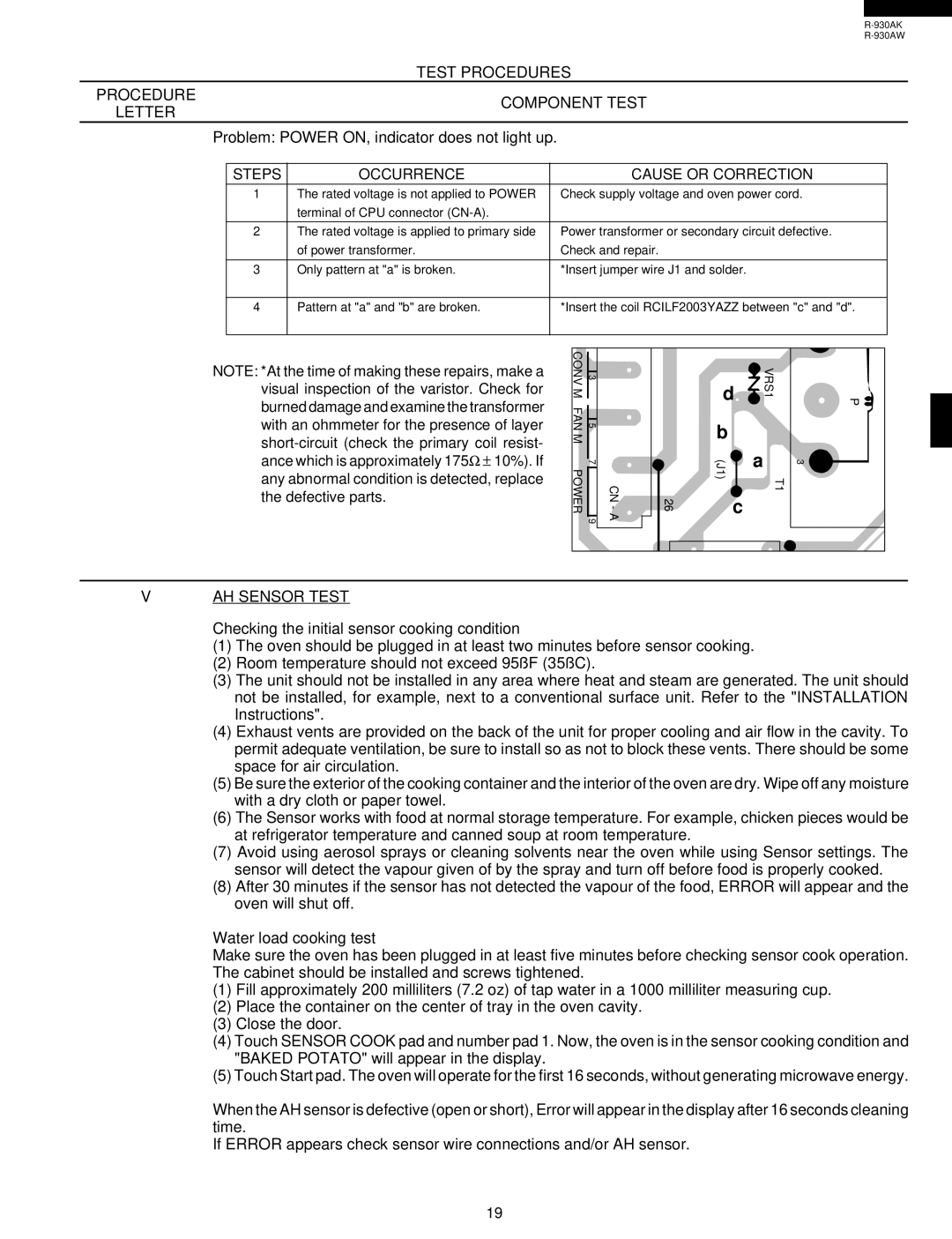 Sharp R-930AW service manual Occurrence Cause or Correction, AH Sensor Test, Checking the initial sensor cooking condition 