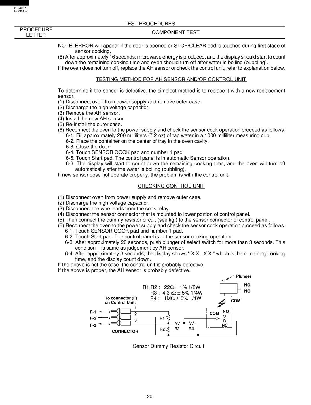 Sharp R-930AW service manual Test Procedures Letter Component Test, Testing Method for AH Sensor AND/OR Control Unit 