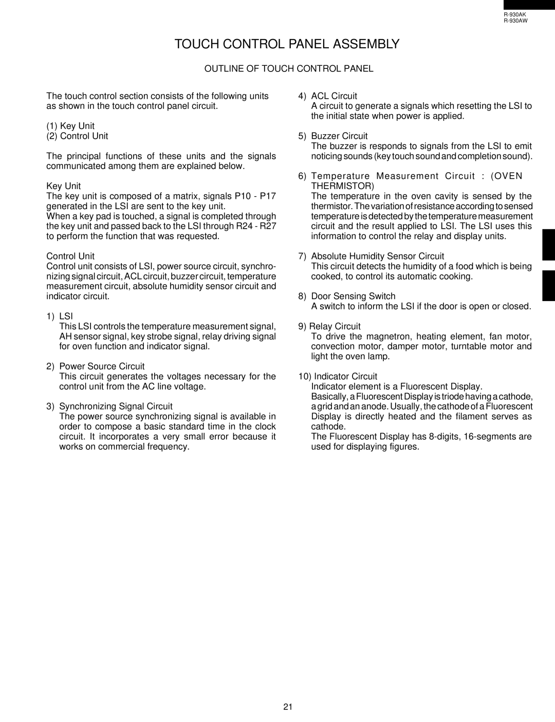 Sharp R-930AW service manual Touch Control Panel Assembly, Thermistor 