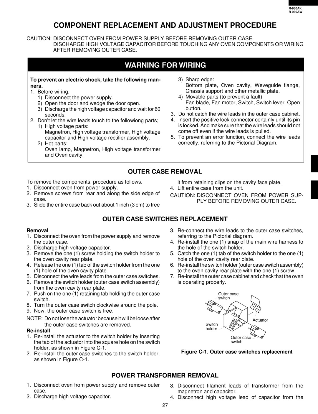 Sharp R-930AW Component Replacement and Adjustment Procedure, Outer Case Removal, Outer Case Switches Replacement 