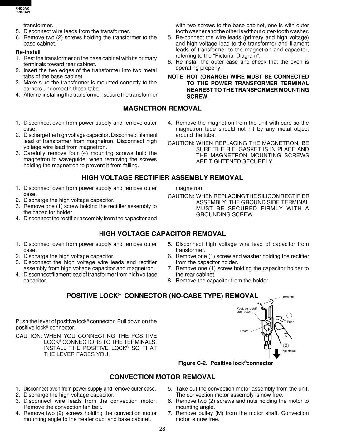 Sharp R-930AW service manual Magnetron Removal, High Voltage Rectifier Assembly Removal, High Voltage Capacitor Removal 