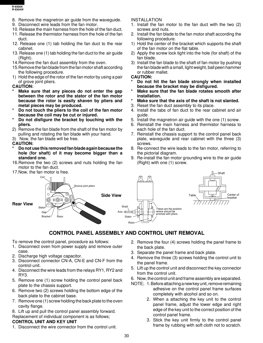 Sharp R-930AW service manual Control Panel Assembly and Control Unit Removal, Control Unit and KEY Unit 