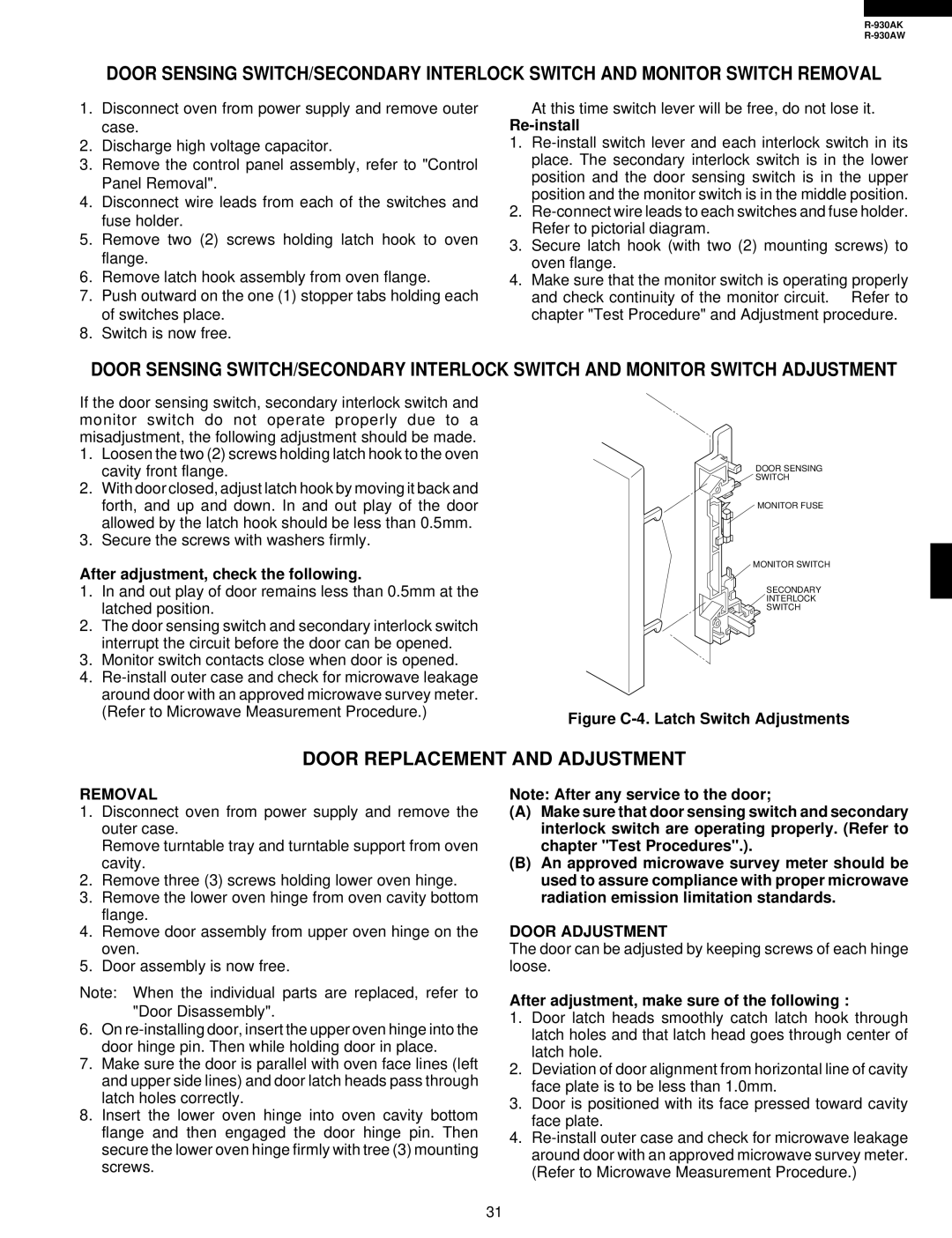 Sharp R-930AW Door Replacement and Adjustment, After adjustment, check the following, Removal, Door Adjustment 