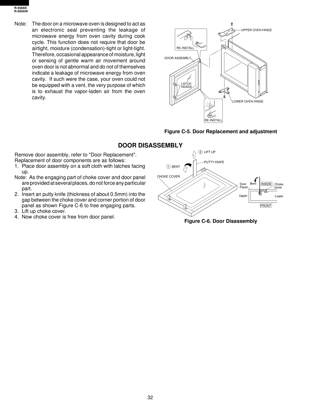 Sharp R-930AW service manual Door Disassembly, Figure C-5. Door Replacement and adjustment 