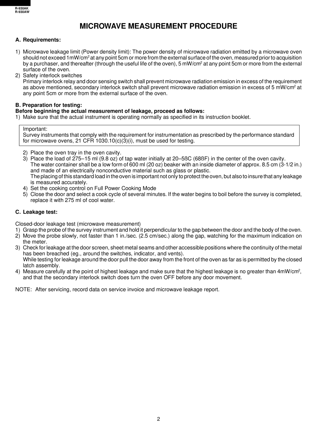 Sharp R-930AW service manual Microwave Measurement Procedure, Requirements, Leakage test 