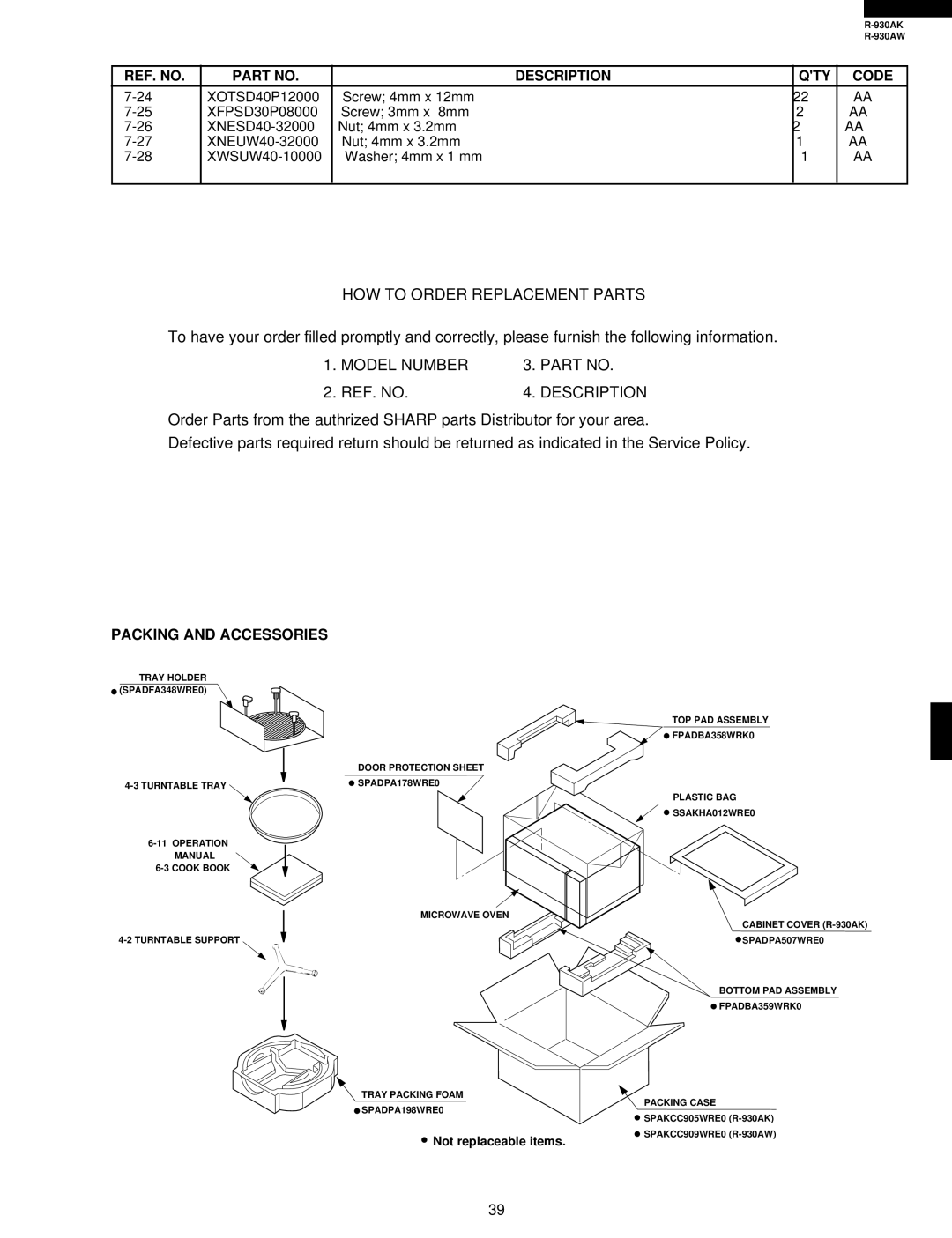 Sharp R-930AW service manual HOW to Order Replacement Parts, Model Number, Description, Packing and Accessories 