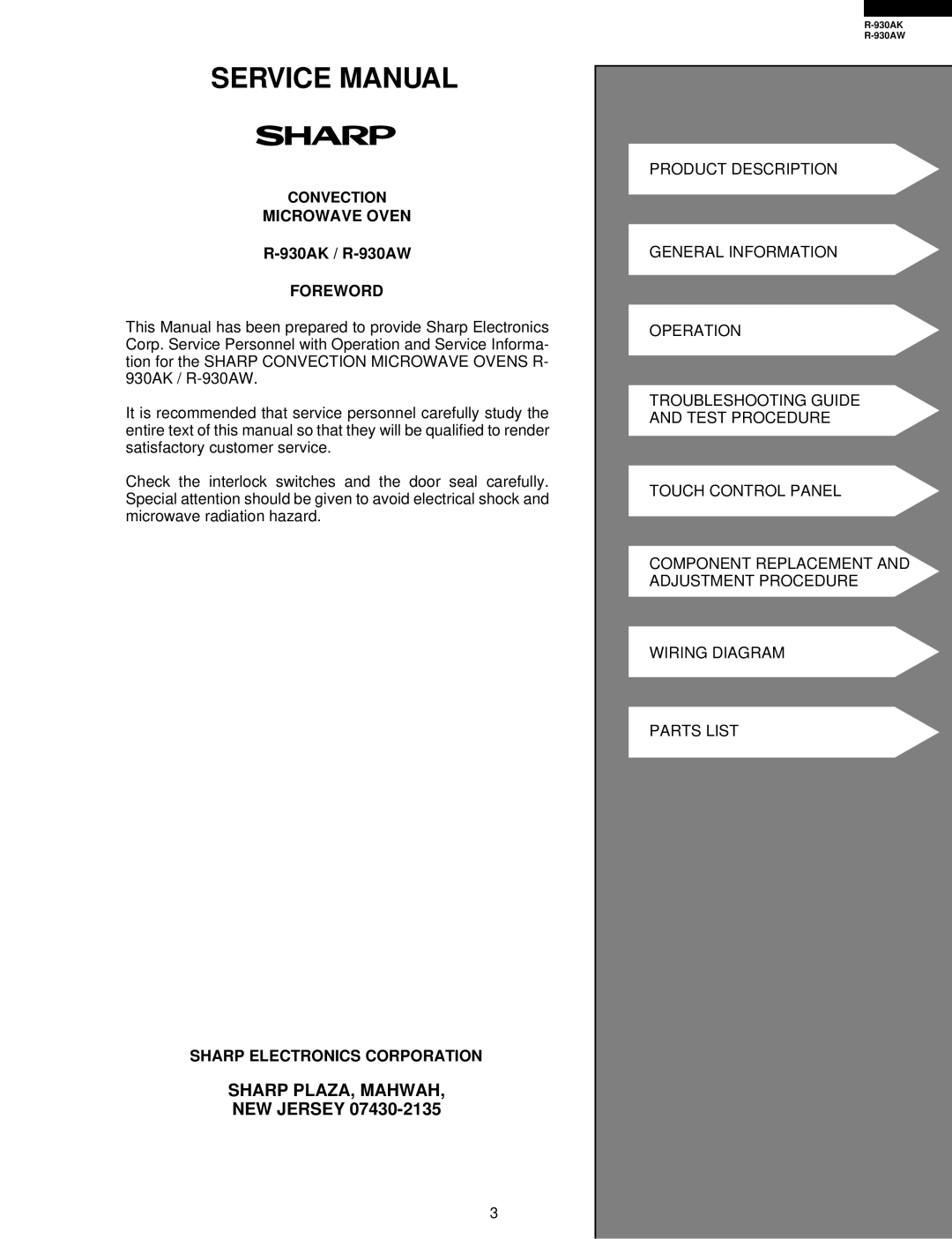 Sharp Sharp PLAZA, Mahwah, Convection Microwave Oven, 930AK / R-930AW, Foreword, Sharp Electronics Corporation 